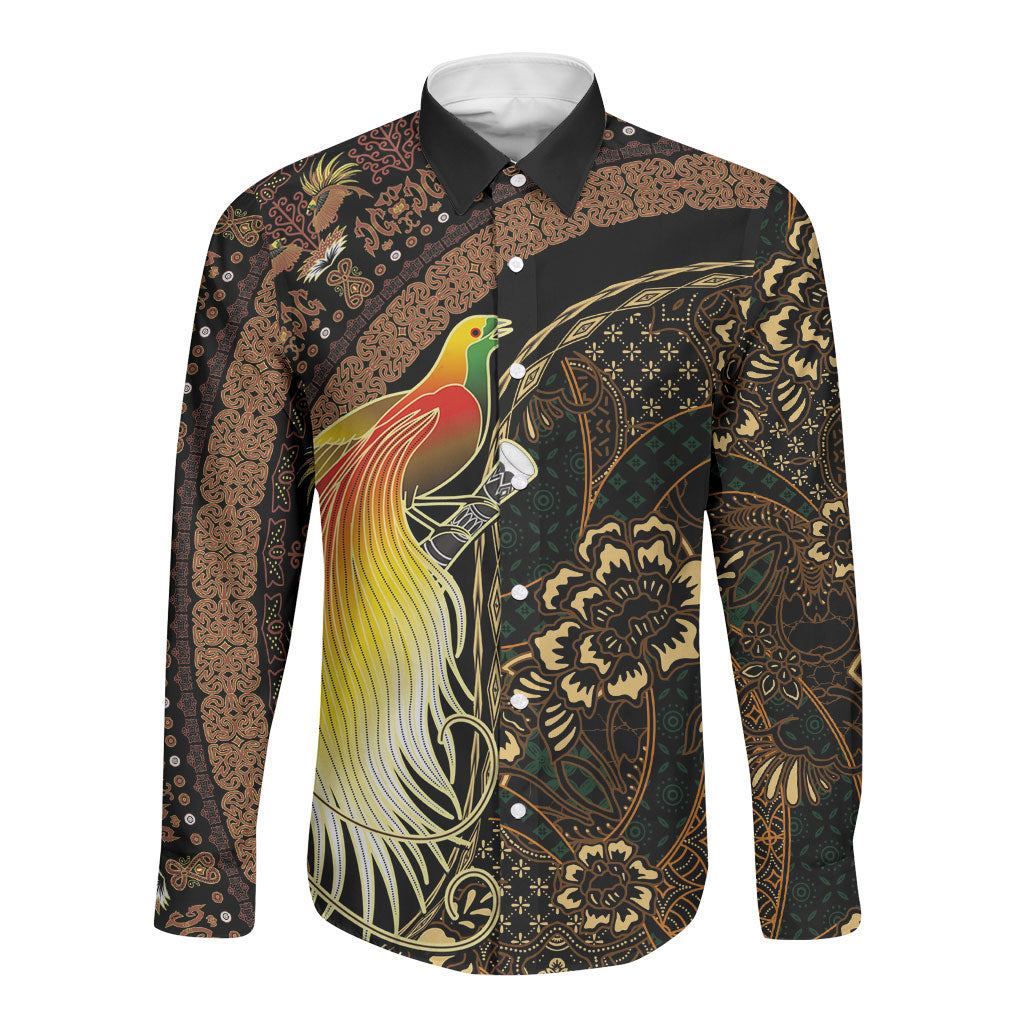Papua New Guinea and Indonesia Batik Long Sleeve Button Shirt Bird of Paradise with Tribal Batik Patterns LT03 Unisex Multicolor - Polynesian Pride