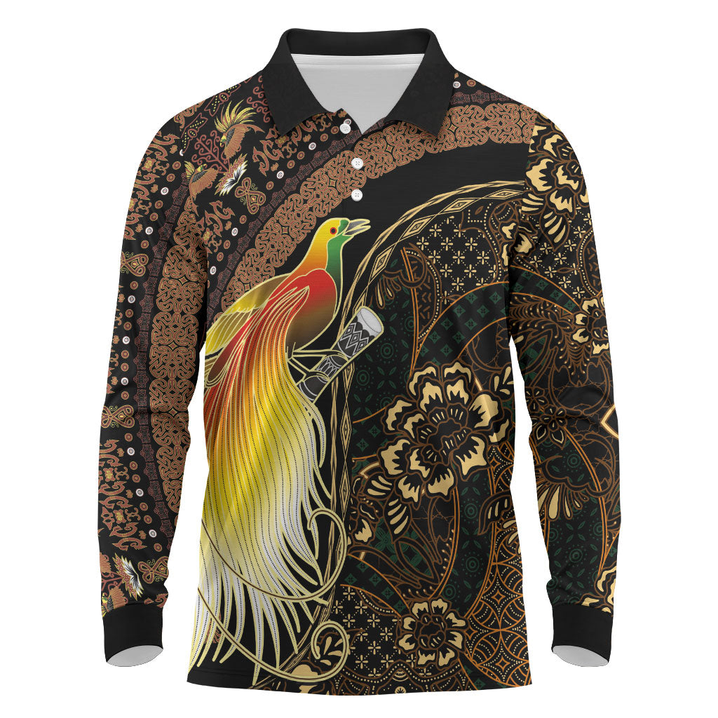 Papua New Guinea and Indonesia Batik Long Sleeve Polo Shirt Bird of Paradise with Tribal Batik Patterns LT03 Multicolor - Polynesian Pride