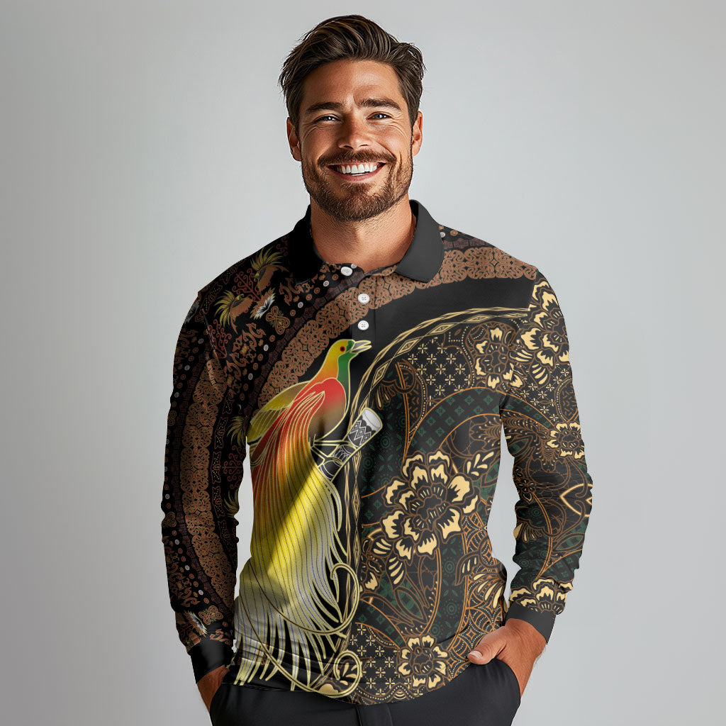 Papua New Guinea and Indonesia Batik Long Sleeve Polo Shirt Bird of Paradise with Tribal Batik Patterns LT03 - Polynesian Pride