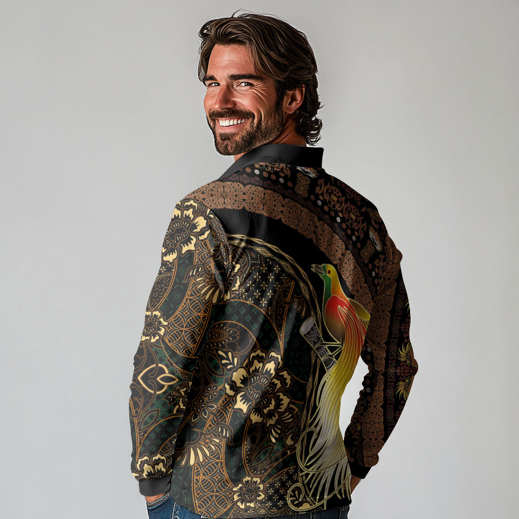 Papua New Guinea and Indonesia Batik Long Sleeve Polo Shirt Bird of Paradise with Tribal Batik Patterns LT03 - Polynesian Pride