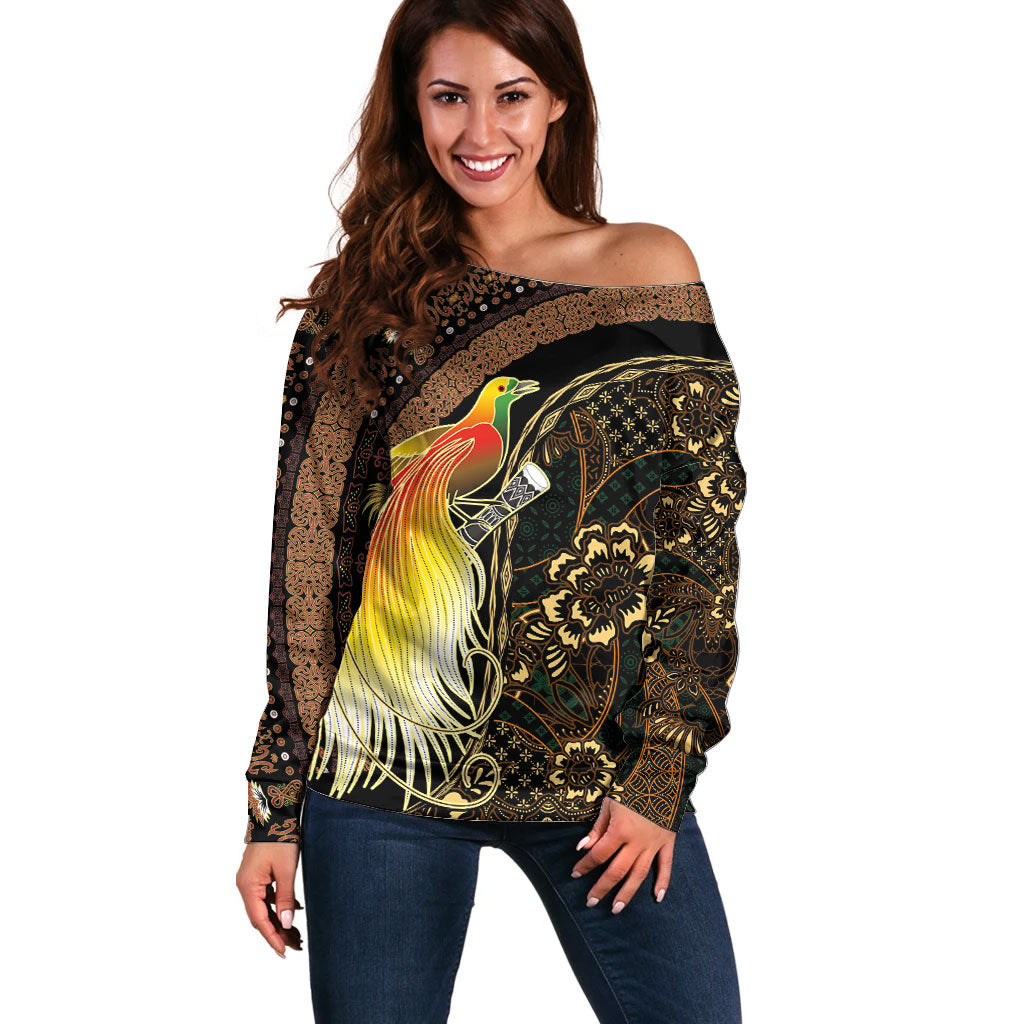 Papua New Guinea and Indonesia Batik Off Shoulder Sweater Bird of Paradise with Tribal Batik Patterns LT03 Women Multicolor - Polynesian Pride