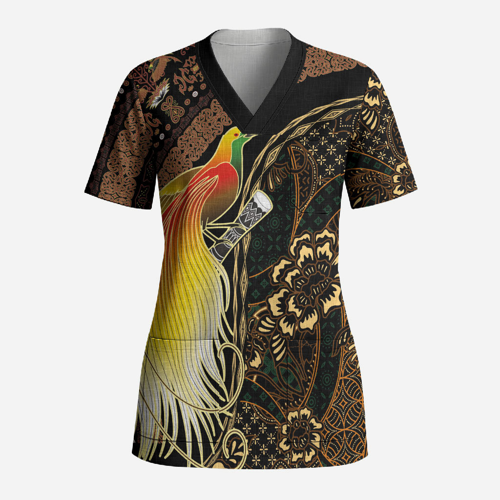 Papua New Guinea and Indonesia Batik Scrub Top Bird of Paradise with Tribal Batik Patterns LT03 Adult Multicolor - Polynesian Pride