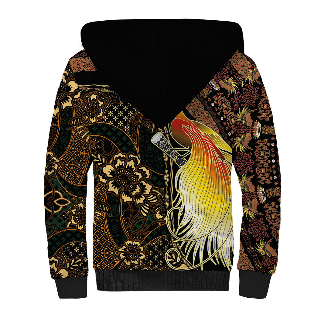 Papua New Guinea and Indonesia Batik Sherpa Hoodie Bird of Paradise with Tribal Batik Patterns LT03 - Polynesian Pride