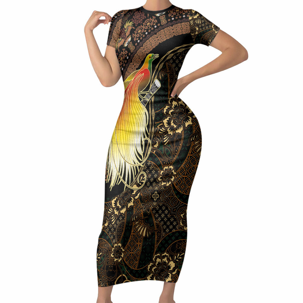Papua New Guinea and Indonesia Batik Short Sleeve Bodycon Dress Bird of Paradise with Tribal Batik Patterns LT03 Long Dress Multicolor - Polynesian Pride