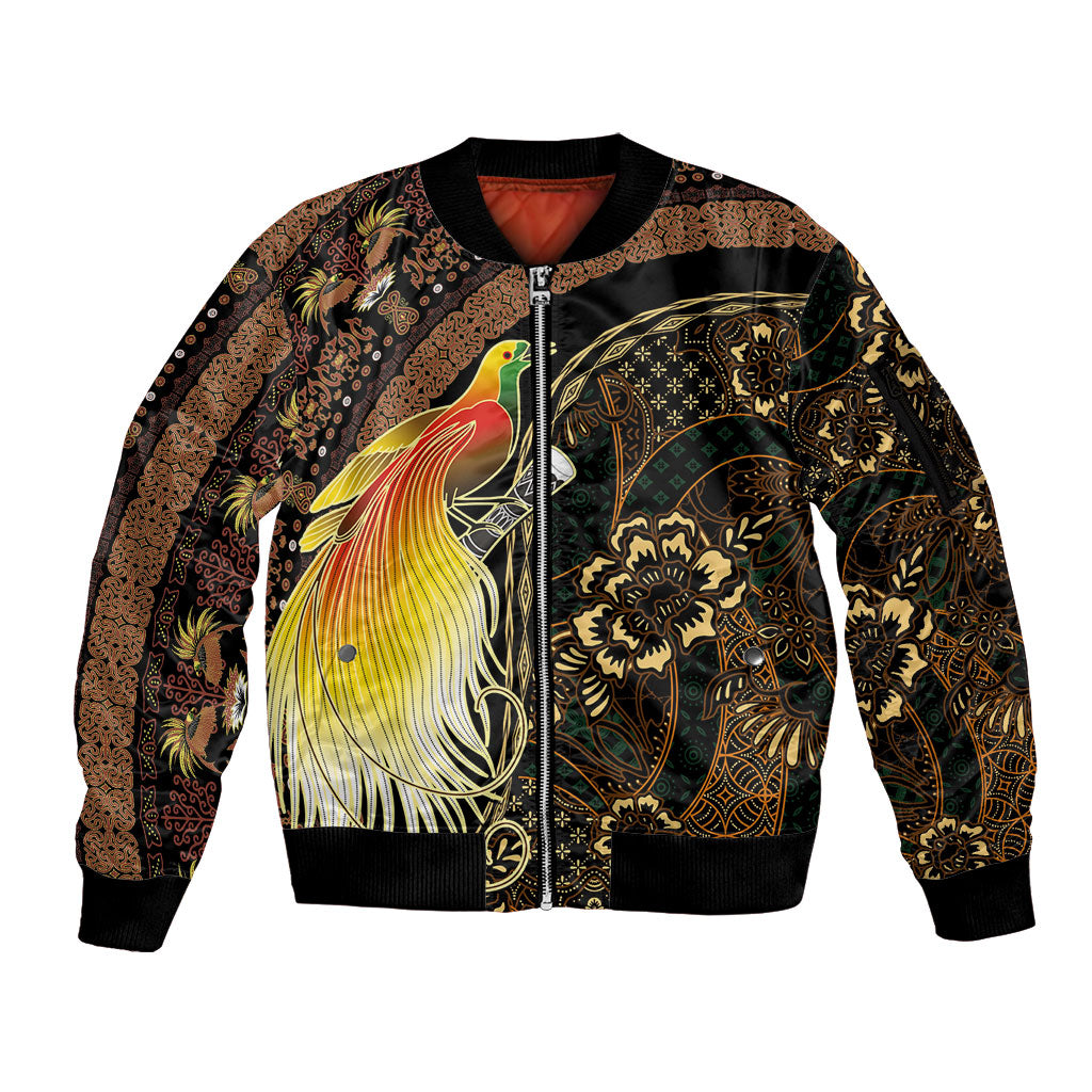 Papua New Guinea and Indonesia Batik Sleeve Zip Bomber Jacket Bird of Paradise with Tribal Batik Patterns