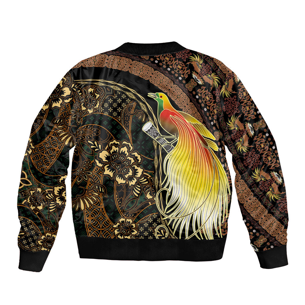 Papua New Guinea and Indonesia Batik Sleeve Zip Bomber Jacket Bird of Paradise with Tribal Batik Patterns