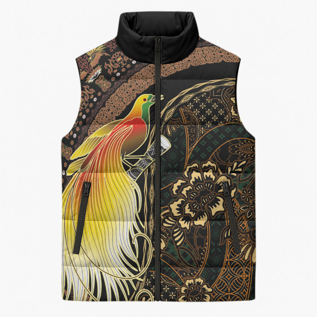 Papua New Guinea and Indonesia Batik Sleeveless Puffer Jacket Bird of Paradise with Tribal Batik Patterns LT03 Unisex Multicolor - Polynesian Pride