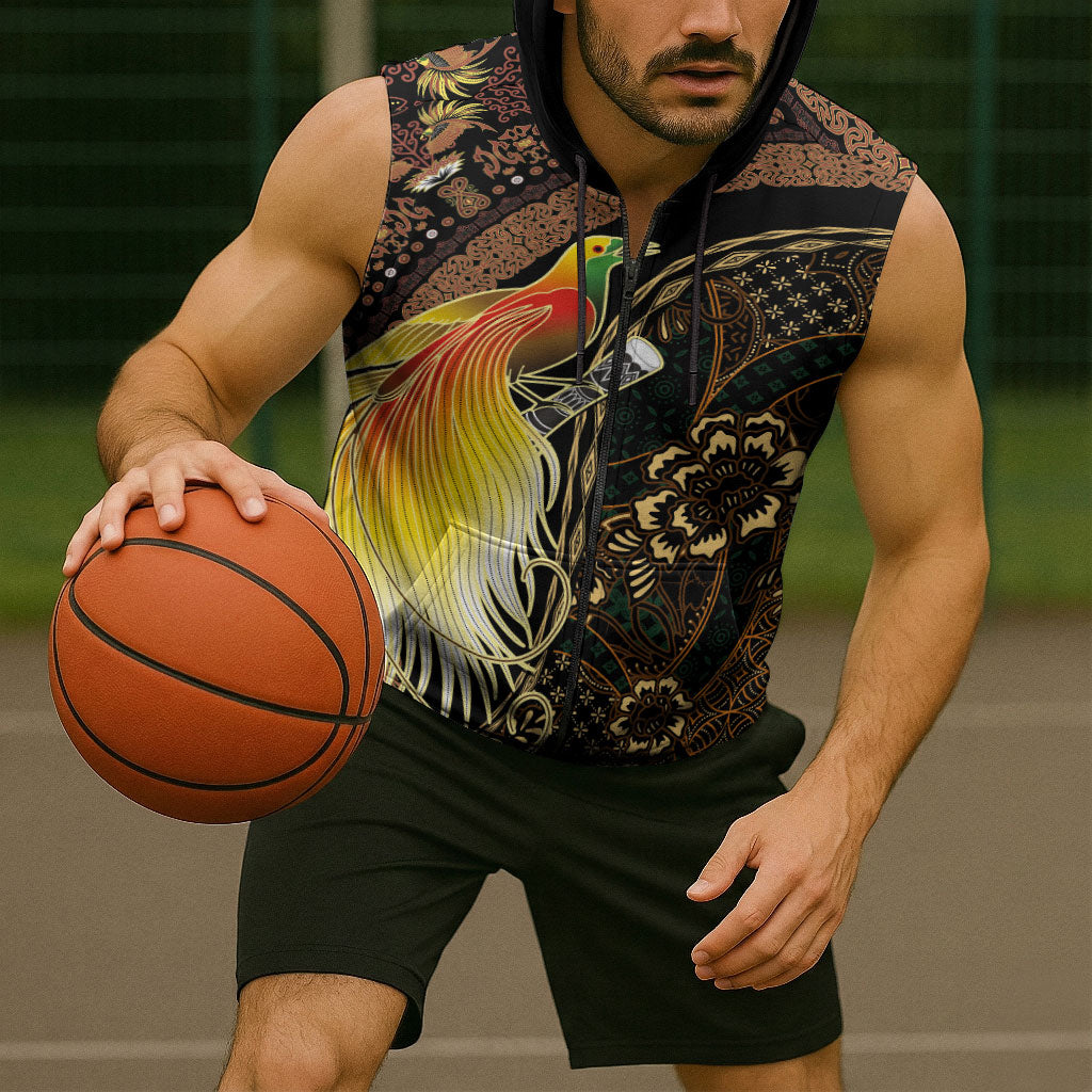 Papua New Guinea and Indonesia Batik Sleeveless Zip Hoodie Bird of Paradise with Tribal Batik Patterns LT03 - Polynesian Pride