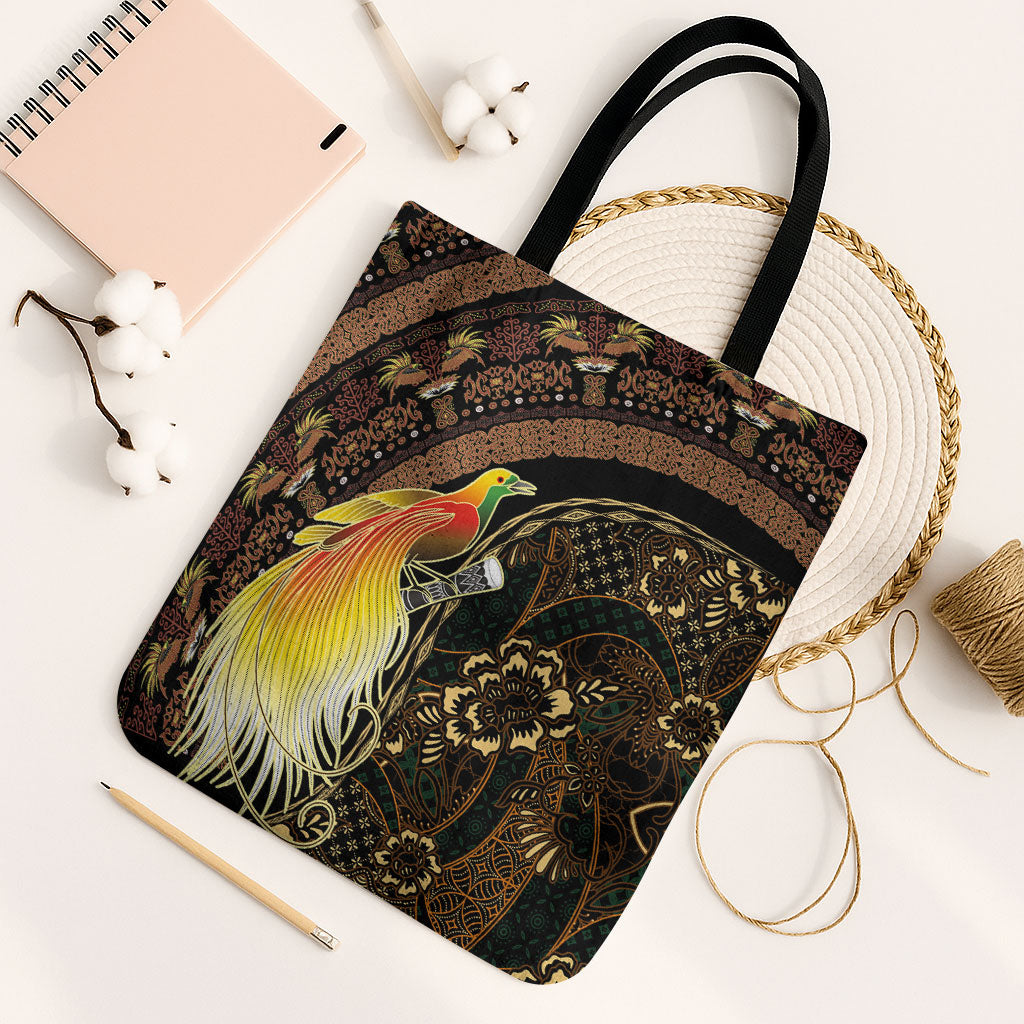 Papua New Guinea and Indonesia Batik Tote Bag Bird of Paradise with Tribal Batik Patterns LT03 Black Strap One Size Multicolor - Polynesian Pride