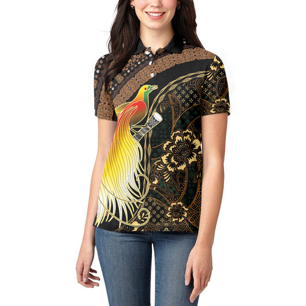 Papua New Guinea and Indonesia Batik Women Polo Shirt Bird of Paradise with Tribal Batik Patterns LT03 - Polynesian Pride