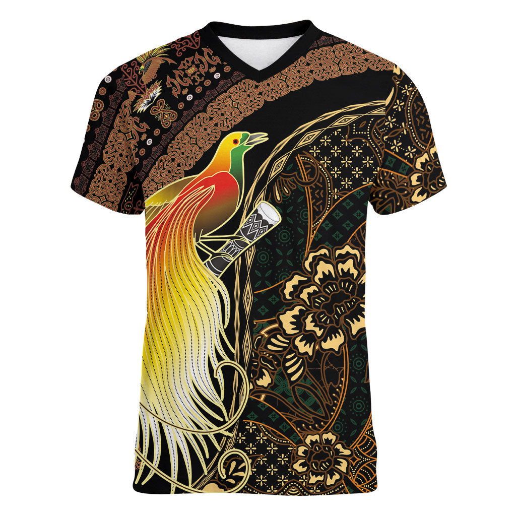 Papua New Guinea and Indonesia Batik Women V-Neck T-Shirt Bird of Paradise with Tribal Batik Patterns LT03 Female Multicolor - Polynesian Pride