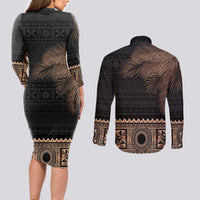Fiji Palm Leaves Couples Matching Long Sleeve Bodycon Dress and Long Sleeve Button Shirt Masi and Tapa Tribal Pattern Beige Color LT03 - Polynesian Pride