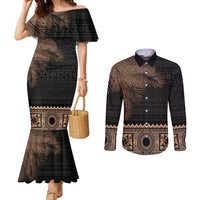 Fiji Palm Leaves Couples Matching Mermaid Dress and Long Sleeve Button Shirt Masi and Tapa Tribal Pattern Beige Color LT03 Beige - Polynesian Pride