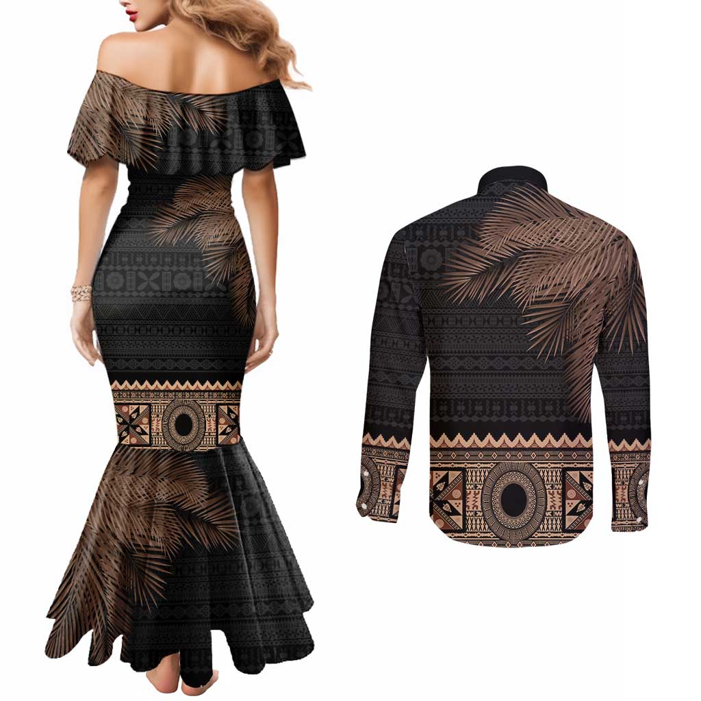 Fiji Palm Leaves Couples Matching Mermaid Dress and Long Sleeve Button Shirt Masi and Tapa Tribal Pattern Beige Color LT03 - Polynesian Pride