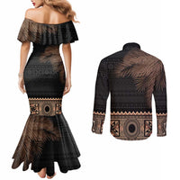 Fiji Palm Leaves Couples Matching Mermaid Dress and Long Sleeve Button Shirt Masi and Tapa Tribal Pattern Beige Color LT03 - Polynesian Pride
