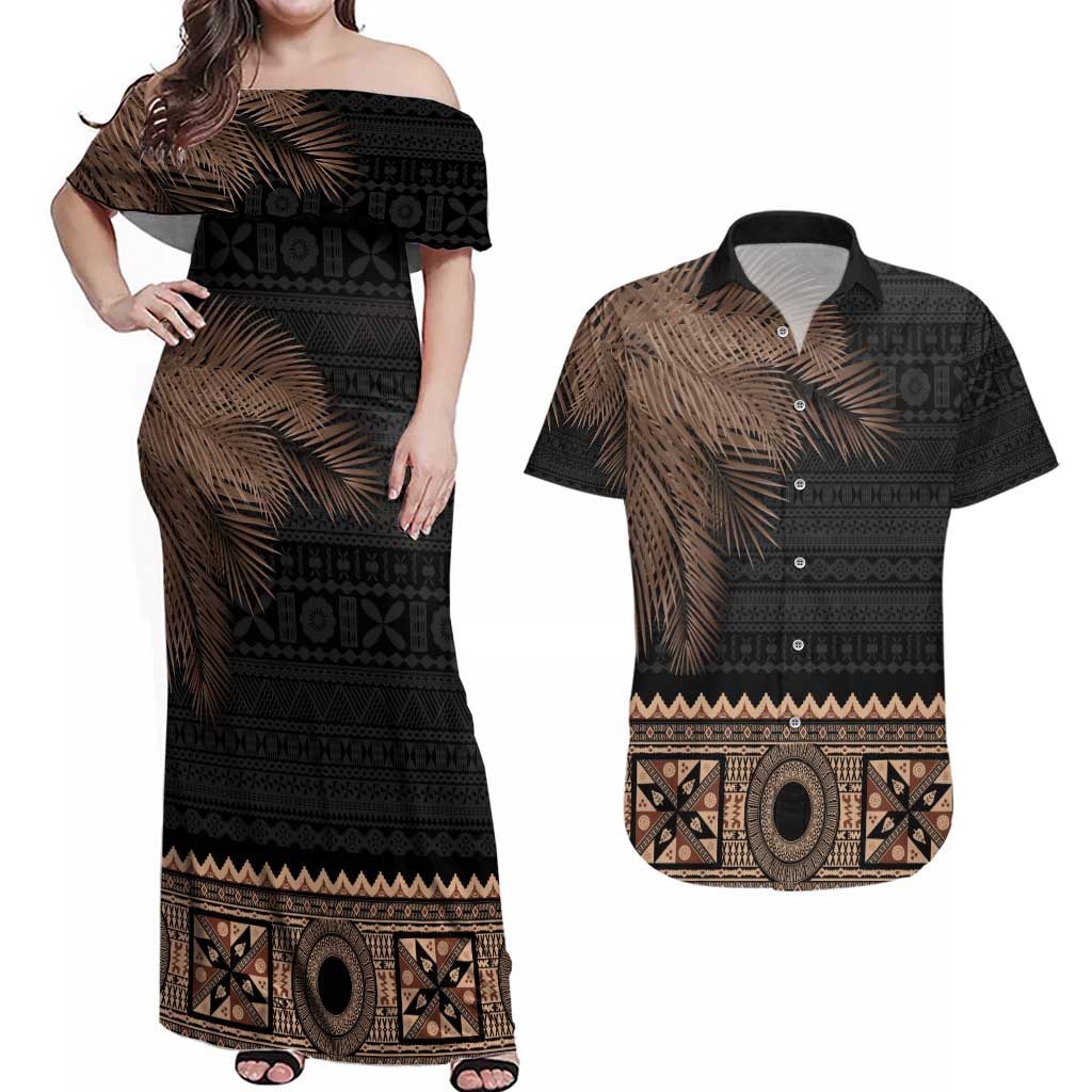 Fiji Palm Leaves Couples Matching Off Shoulder Maxi Dress and Hawaiian Shirt Masi and Tapa Tribal Pattern Beige Color LT03 Beige - Polynesian Pride