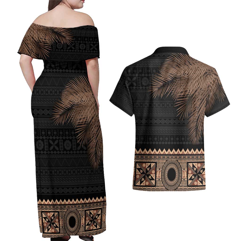 Fiji Palm Leaves Couples Matching Off Shoulder Maxi Dress and Hawaiian Shirt Masi and Tapa Tribal Pattern Beige Color LT03 - Polynesian Pride