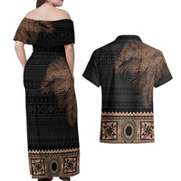 Fiji Palm Leaves Couples Matching Off Shoulder Maxi Dress and Hawaiian Shirt Masi and Tapa Tribal Pattern Beige Color LT03 - Polynesian Pride
