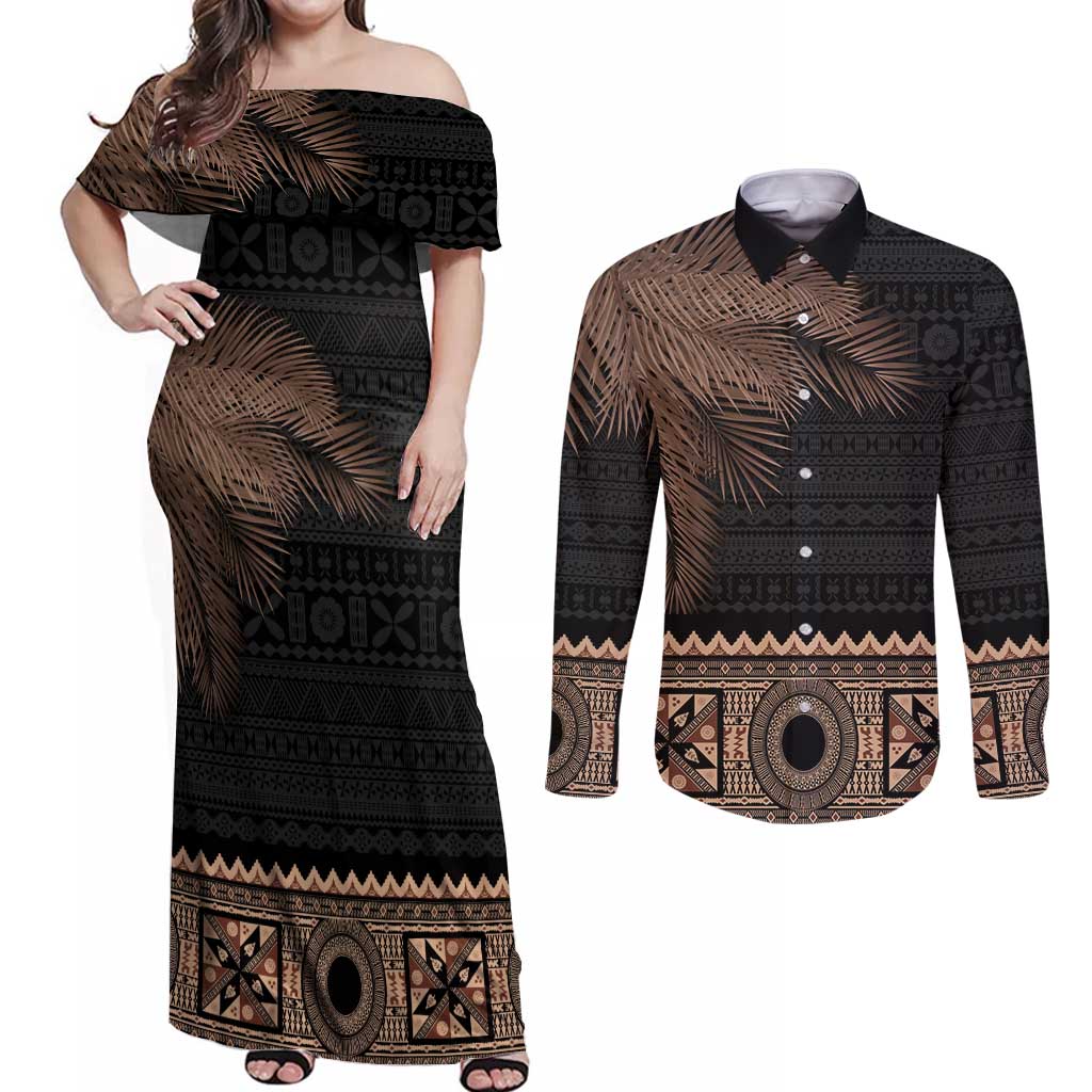 Fiji Palm Leaves Couples Matching Off Shoulder Maxi Dress and Long Sleeve Button Shirt Masi and Tapa Tribal Pattern Beige Color LT03 Beige - Polynesian Pride