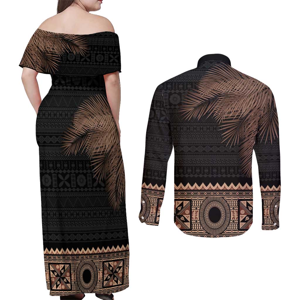 Fiji Palm Leaves Couples Matching Off Shoulder Maxi Dress and Long Sleeve Button Shirt Masi and Tapa Tribal Pattern Beige Color LT03 - Polynesian Pride