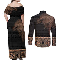 Fiji Palm Leaves Couples Matching Off Shoulder Maxi Dress and Long Sleeve Button Shirt Masi and Tapa Tribal Pattern Beige Color LT03 - Polynesian Pride