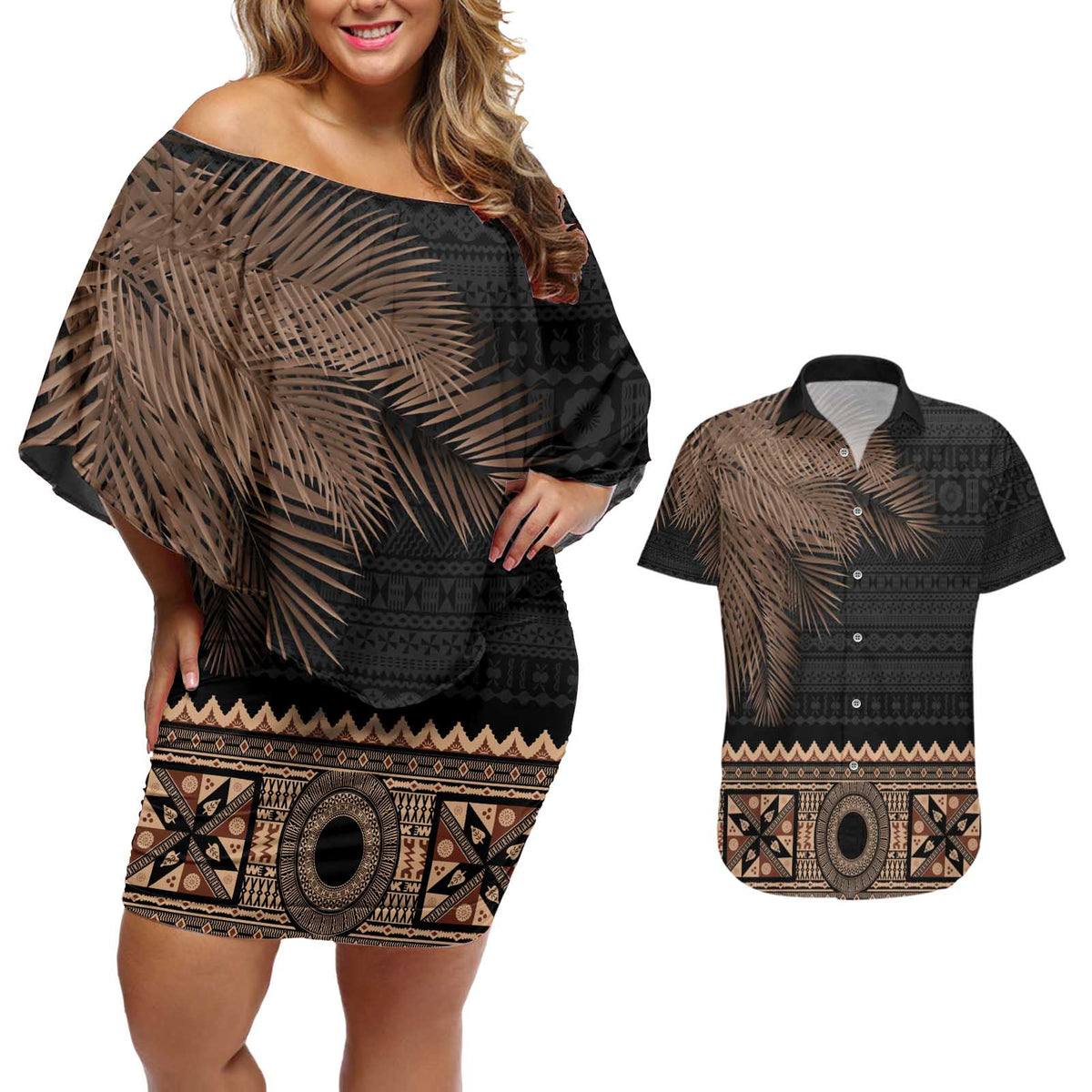 Fiji Palm Leaves Couples Matching Off Shoulder Short Dress and Hawaiian Shirt Masi and Tapa Tribal Pattern Beige Color LT03 Beige - Polynesian Pride