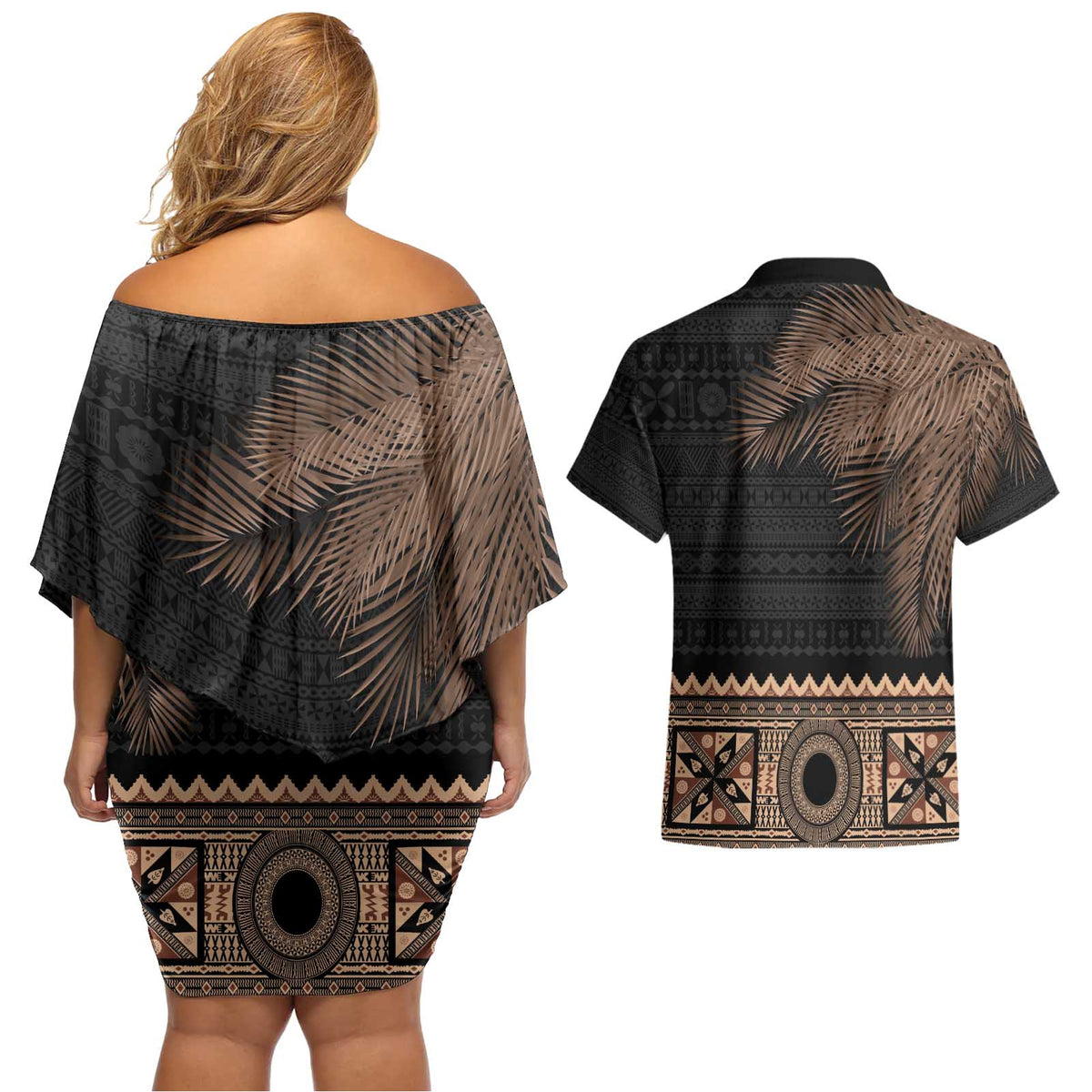 Fiji Palm Leaves Couples Matching Off Shoulder Short Dress and Hawaiian Shirt Masi and Tapa Tribal Pattern Beige Color LT03 - Polynesian Pride