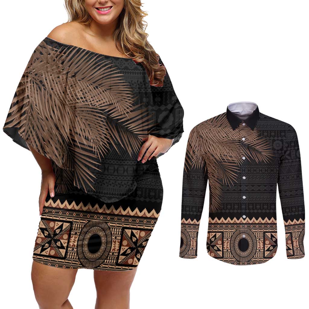 Fiji Palm Leaves Couples Matching Off Shoulder Short Dress and Long Sleeve Button Shirt Masi and Tapa Tribal Pattern Beige Color LT03 Beige - Polynesian Pride