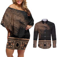 Fiji Palm Leaves Couples Matching Off Shoulder Short Dress and Long Sleeve Button Shirt Masi and Tapa Tribal Pattern Beige Color LT03 Beige - Polynesian Pride