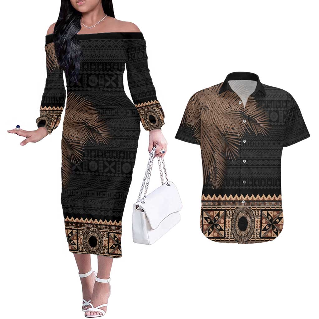 Fiji Palm Leaves Couples Matching Off The Shoulder Long Sleeve Dress and Hawaiian Shirt Masi and Tapa Tribal Pattern Beige Color LT03 Beige - Polynesian Pride