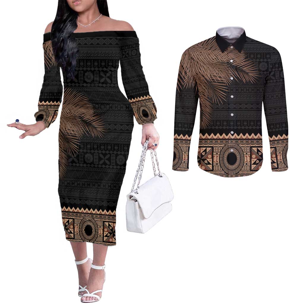Fiji Palm Leaves Couples Matching Off The Shoulder Long Sleeve Dress and Long Sleeve Button Shirt Masi and Tapa Tribal Pattern Beige Color LT03 Beige - Polynesian Pride