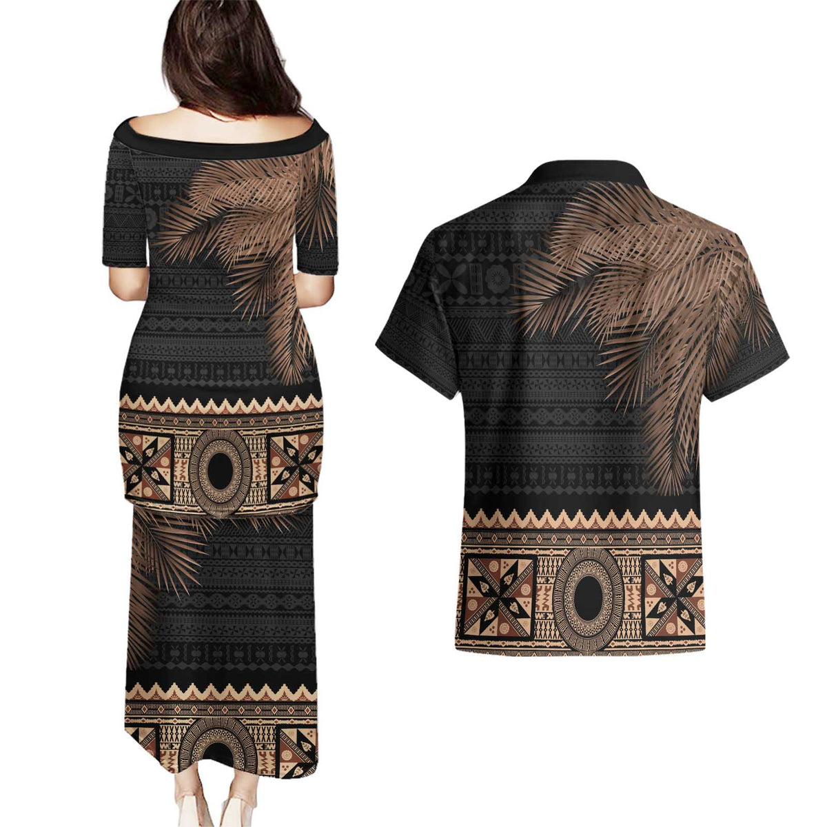 Fiji Palm Leaves Couples Matching Puletasi and Hawaiian Shirt Masi and Tapa Tribal Pattern Beige Color LT03 - Polynesian Pride