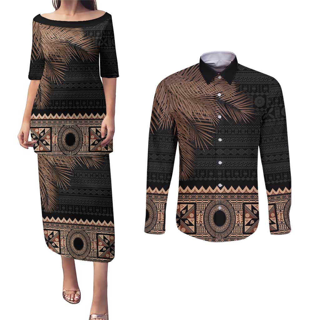 Fiji Palm Leaves Couples Matching Puletasi and Long Sleeve Button Shirt Masi and Tapa Tribal Pattern Beige Color LT03 Beige - Polynesian Pride