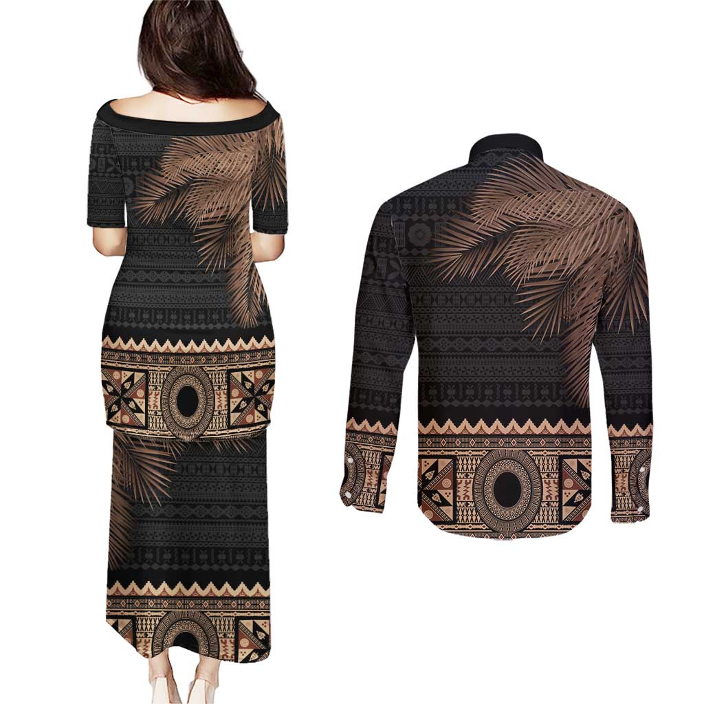 Fiji Palm Leaves Couples Matching Puletasi and Long Sleeve Button Shirt Masi and Tapa Tribal Pattern Beige Color LT03 - Polynesian Pride