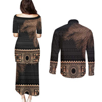 Fiji Palm Leaves Couples Matching Puletasi and Long Sleeve Button Shirt Masi and Tapa Tribal Pattern Beige Color LT03 - Polynesian Pride