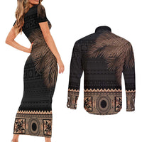 Fiji Palm Leaves Couples Matching Short Sleeve Bodycon Dress and Long Sleeve Button Shirt Masi and Tapa Tribal Pattern Beige Color LT03 - Polynesian Pride