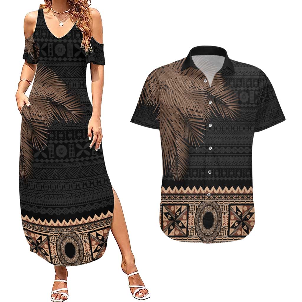 Fiji Palm Leaves Couples Matching Summer Maxi Dress and Hawaiian Shirt Masi and Tapa Tribal Pattern Beige Color LT03 Beige - Polynesian Pride