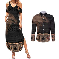 Fiji Palm Leaves Couples Matching Summer Maxi Dress and Long Sleeve Button Shirt Masi and Tapa Tribal Pattern Beige Color LT03 Beige - Polynesian Pride