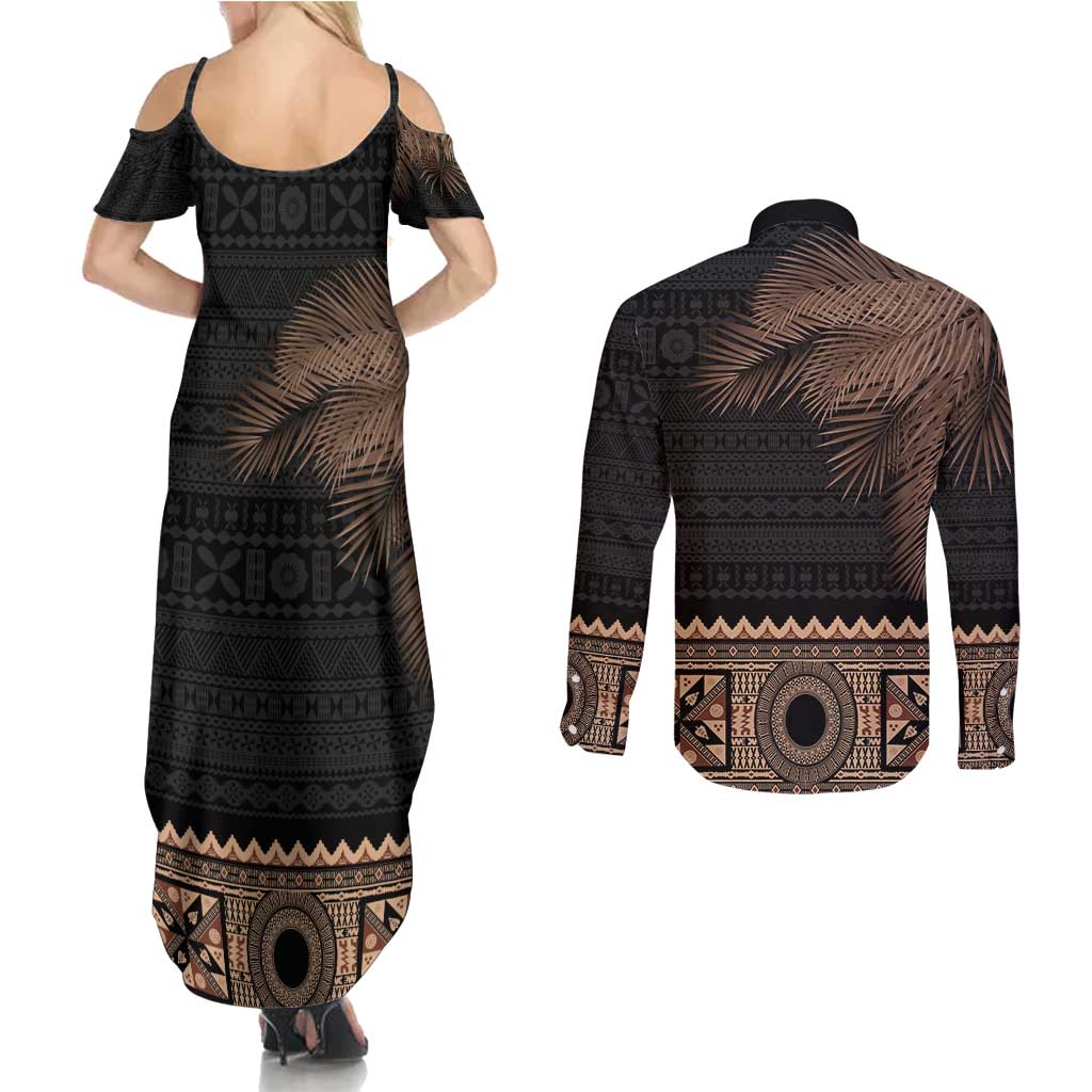 Fiji Palm Leaves Couples Matching Summer Maxi Dress and Long Sleeve Button Shirt Masi and Tapa Tribal Pattern Beige Color LT03 - Polynesian Pride