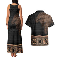 Fiji Palm Leaves Couples Matching Tank Maxi Dress and Hawaiian Shirt Masi and Tapa Tribal Pattern Beige Color LT03 - Polynesian Pride