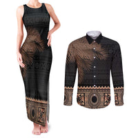Fiji Palm Leaves Couples Matching Tank Maxi Dress and Long Sleeve Button Shirt Masi and Tapa Tribal Pattern Beige Color LT03 Beige - Polynesian Pride