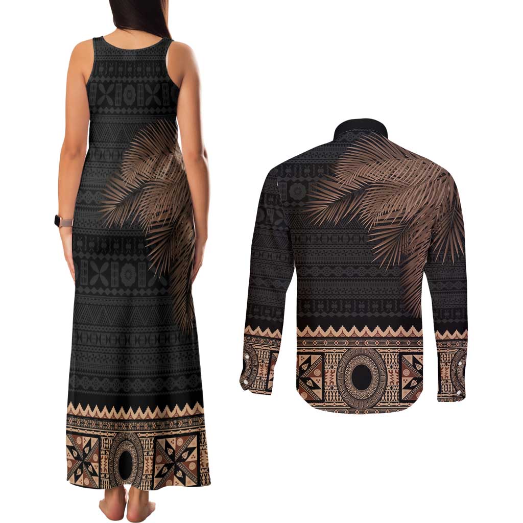 Fiji Palm Leaves Couples Matching Tank Maxi Dress and Long Sleeve Button Shirt Masi and Tapa Tribal Pattern Beige Color LT03 - Polynesian Pride