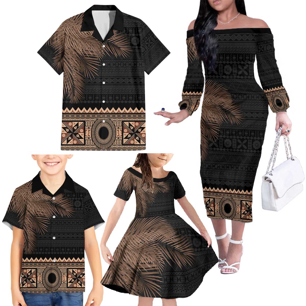 Fiji Palm Leaves Family Matching Off The Shoulder Long Sleeve Dress and Hawaiian Shirt Masi and Tapa Tribal Pattern Beige Color LT03 - Polynesian Pride