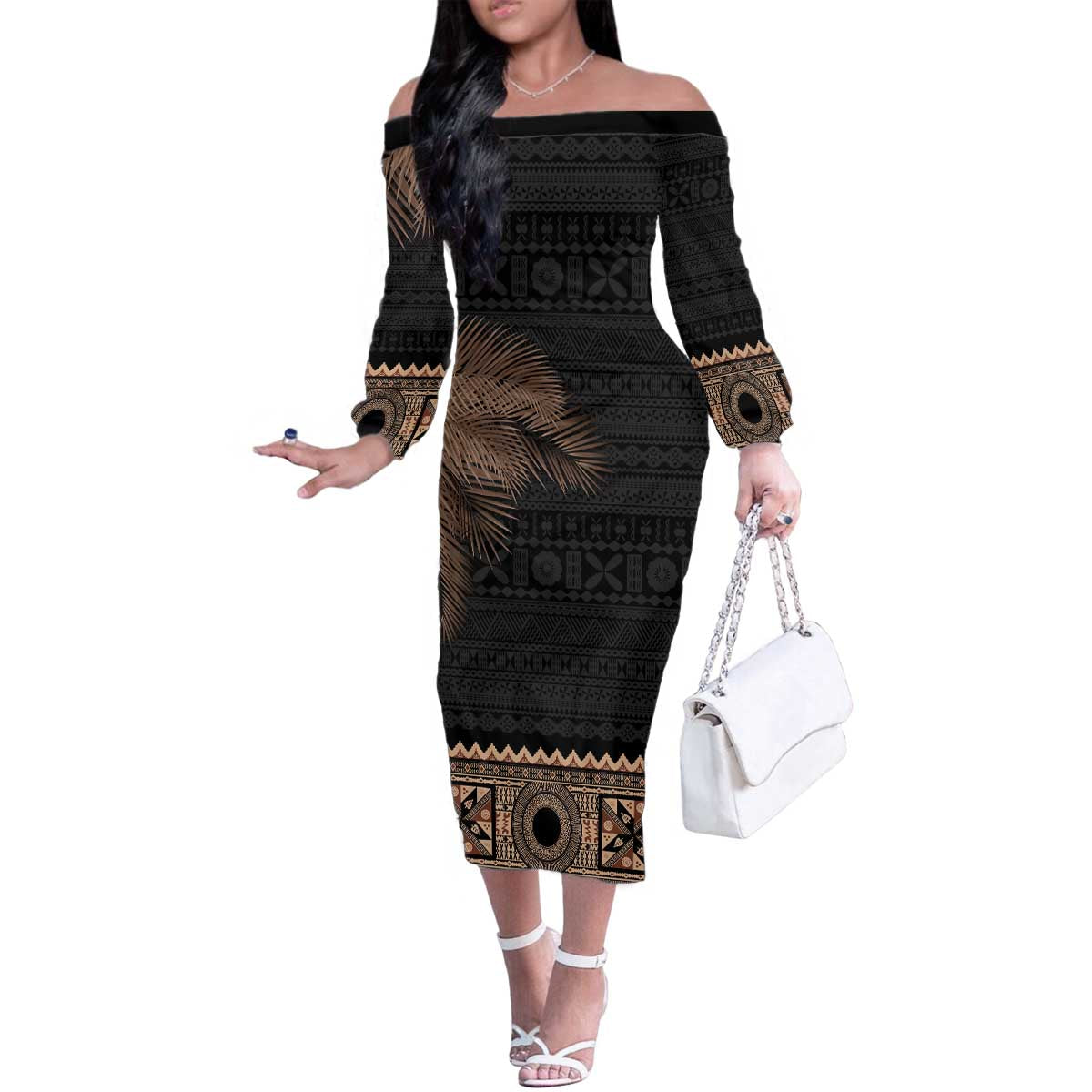Fiji Palm Leaves Family Matching Off The Shoulder Long Sleeve Dress and Hawaiian Shirt Masi and Tapa Tribal Pattern Beige Color LT03 Mom's Dress Beige - Polynesian Pride
