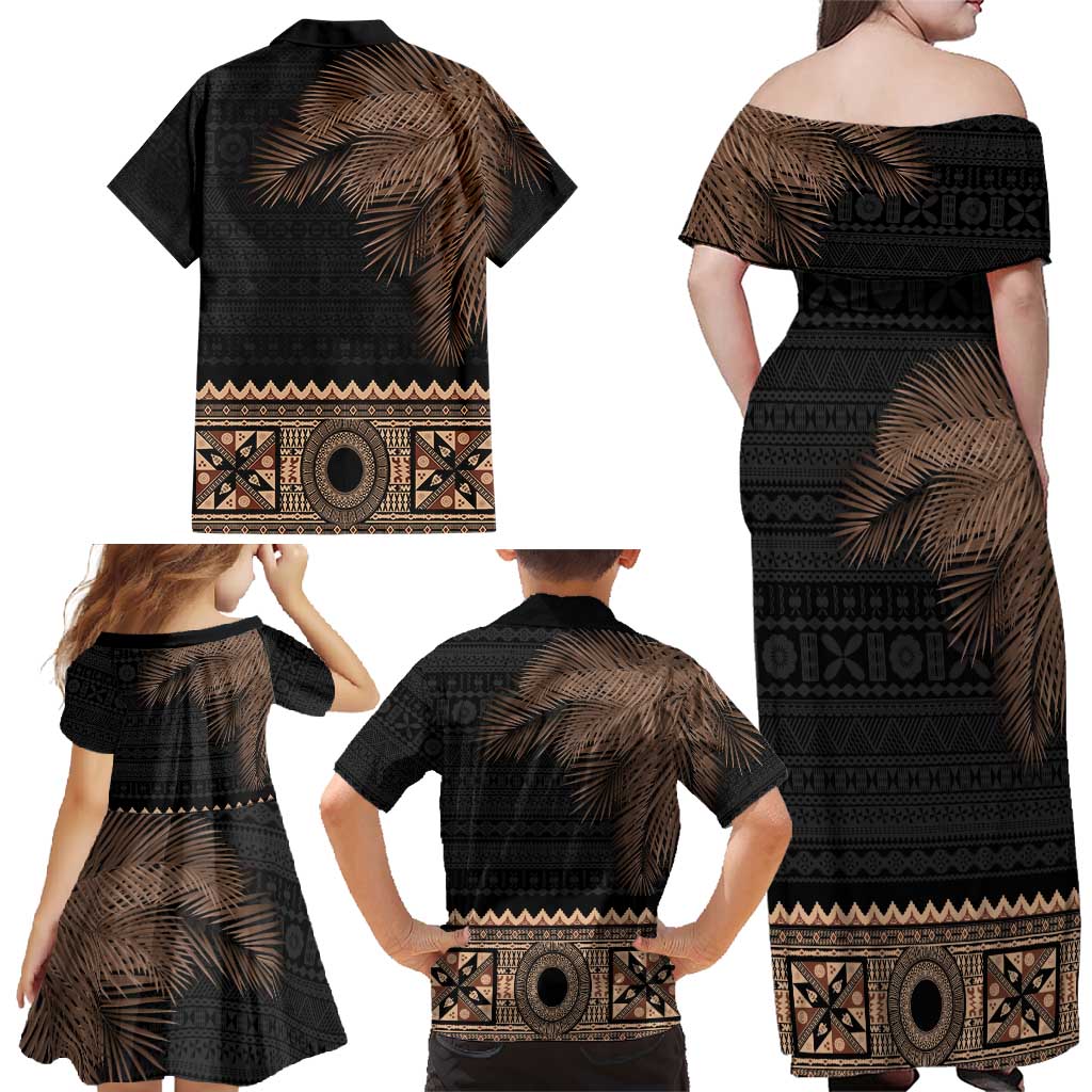 Fiji Palm Leaves Family Matching Off Shoulder Maxi Dress and Hawaiian Shirt Masi and Tapa Tribal Pattern Beige Color LT03 - Polynesian Pride