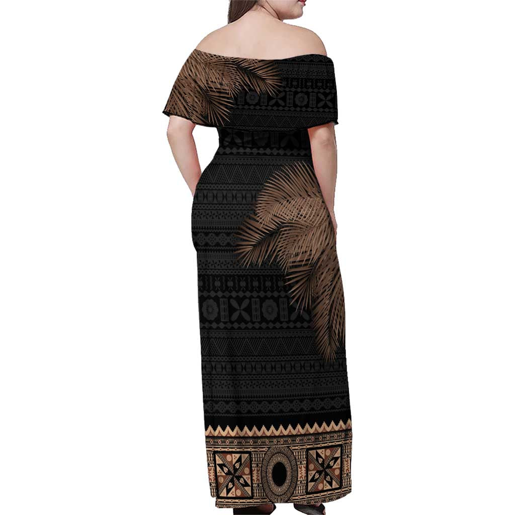 Fiji Palm Leaves Family Matching Off Shoulder Maxi Dress and Hawaiian Shirt Masi and Tapa Tribal Pattern Beige Color LT03 - Polynesian Pride