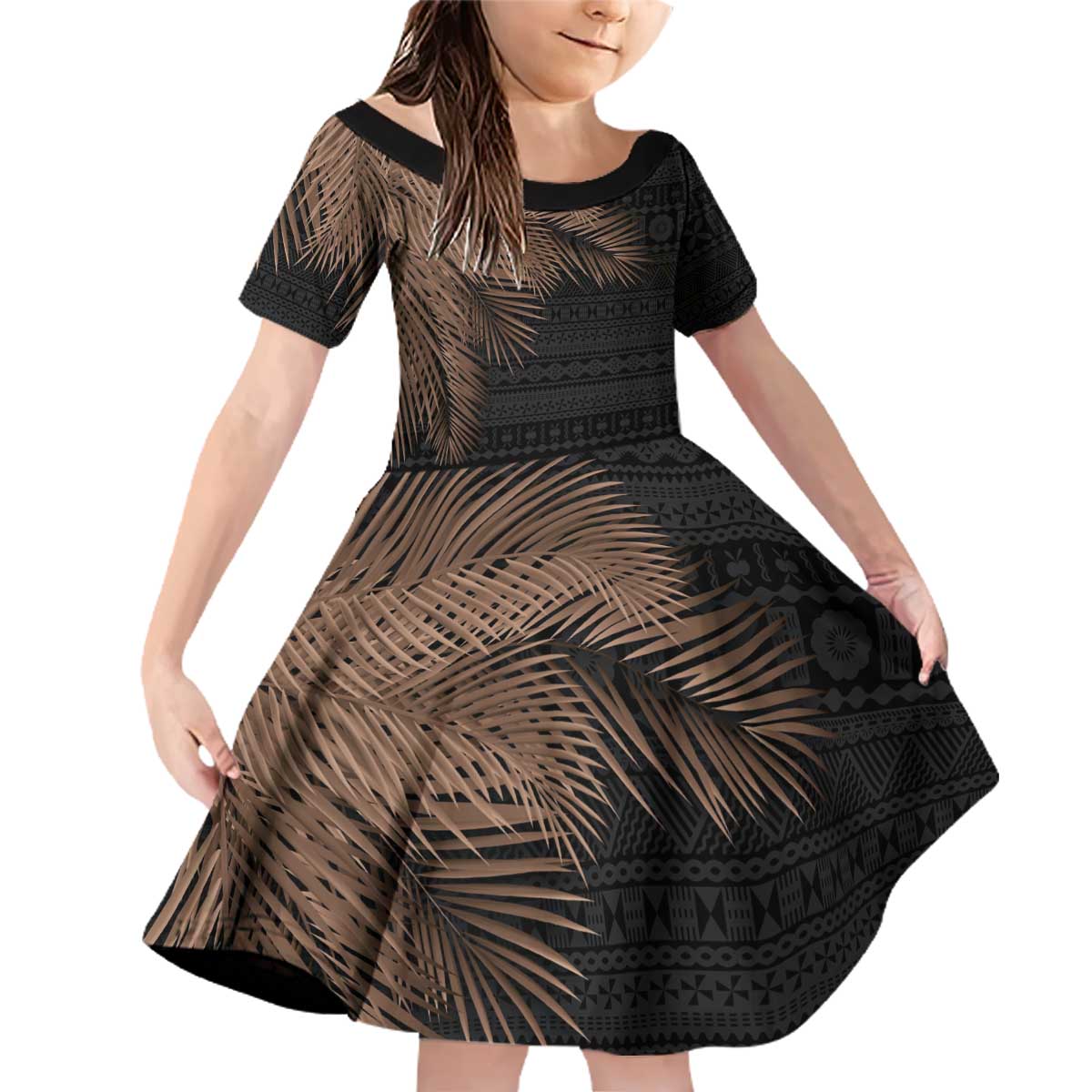 Fiji Palm Leaves Family Matching Off Shoulder Short Dress and Hawaiian Shirt Masi and Tapa Tribal Pattern Beige Color LT03 Daughter's Dress Beige - Polynesian Pride