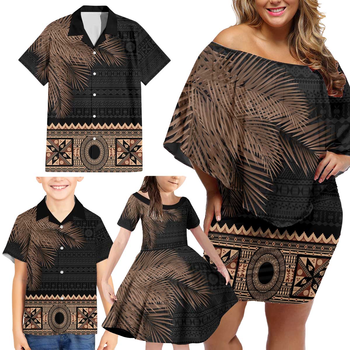 Fiji Palm Leaves Family Matching Off Shoulder Short Dress and Hawaiian Shirt Masi and Tapa Tribal Pattern Beige Color LT03 - Polynesian Pride