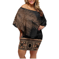 Fiji Palm Leaves Family Matching Off Shoulder Short Dress and Hawaiian Shirt Masi and Tapa Tribal Pattern Beige Color LT03 Mom's Dress Beige - Polynesian Pride