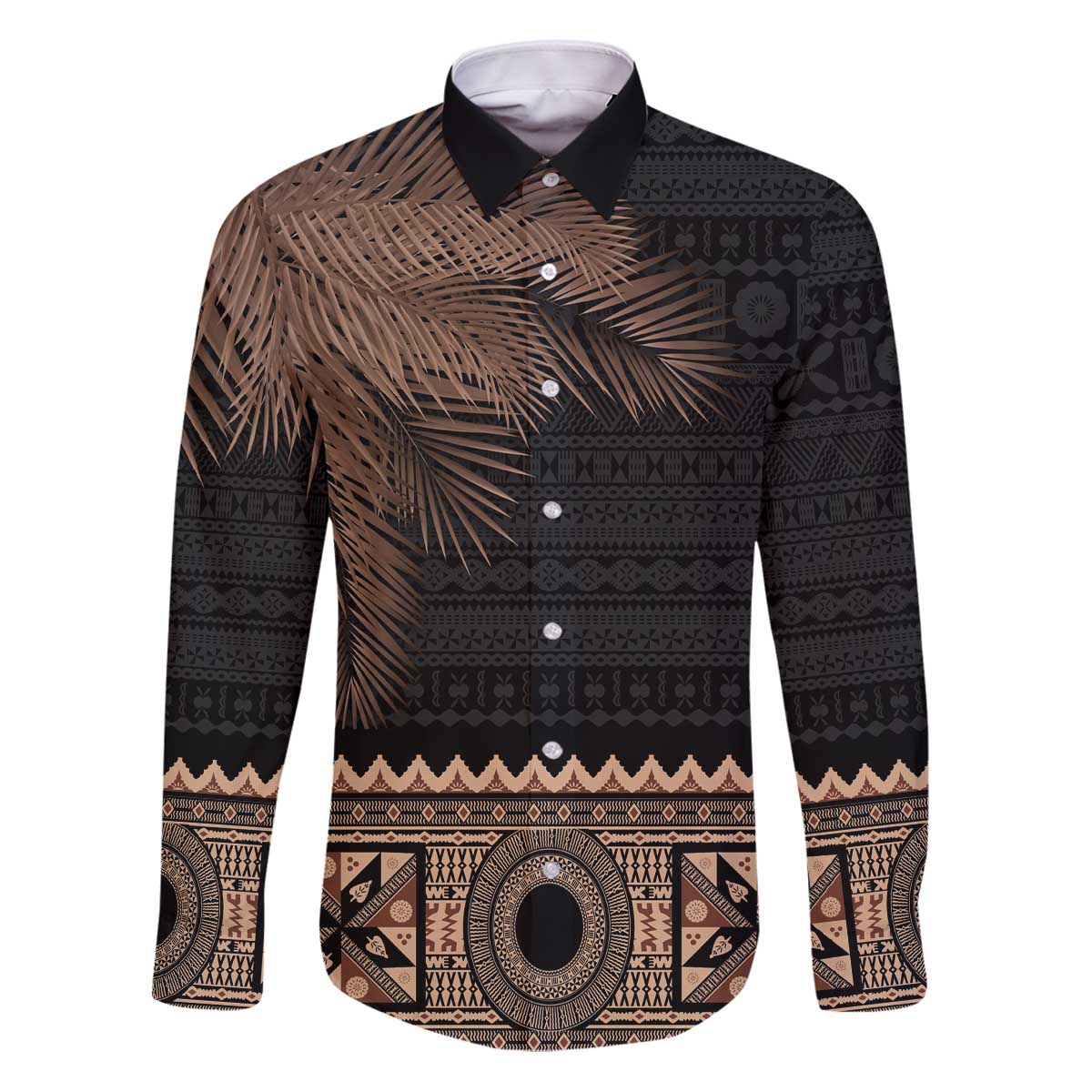 Fiji Palm Leaves Family Matching Puletasi and Hawaiian Shirt Masi and Tapa Tribal Pattern Beige Color LT03 Dad's Shirt - Long Sleeve Beige - Polynesian Pride